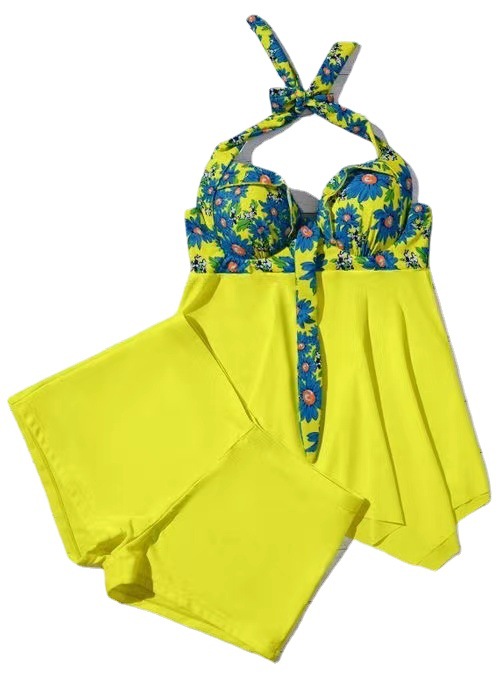 2022夏季跨境新款连体泳衣 黄色碎花性感遮肚泳衣女 沙滩温泉泳衣详情图5
