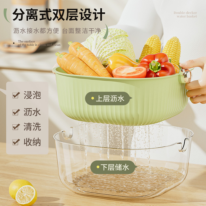 Kitchen Double Drain Basket Household Living Room Fruit Tray Thickened Washing Basin Three Sets Of Rice Washing Fruit And Vegetable Washing Basket details Picture