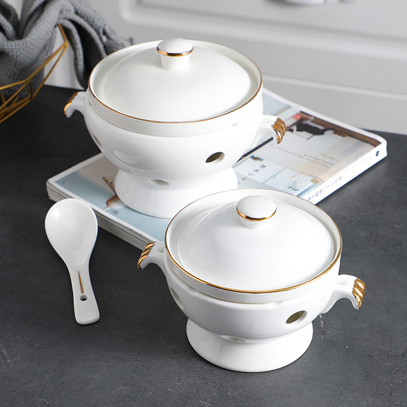 Ceramic hotel bird's nest dessert bowl, sea cucumber, abalone, millet, Liaoning sea cucumber, shark fin cup, covered, candle, alcohol, heating tableware Application Scenario