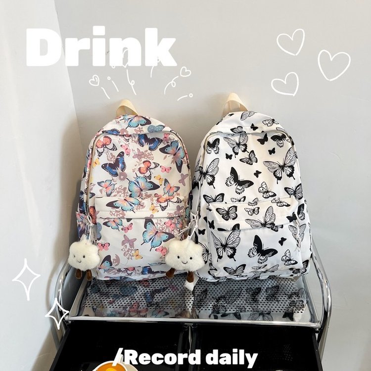 Fashionable new 2024 back-to-school season butterfly pattern girls' bag, high school student backpack, lightweight single-shoulder bag, fashionable pendant