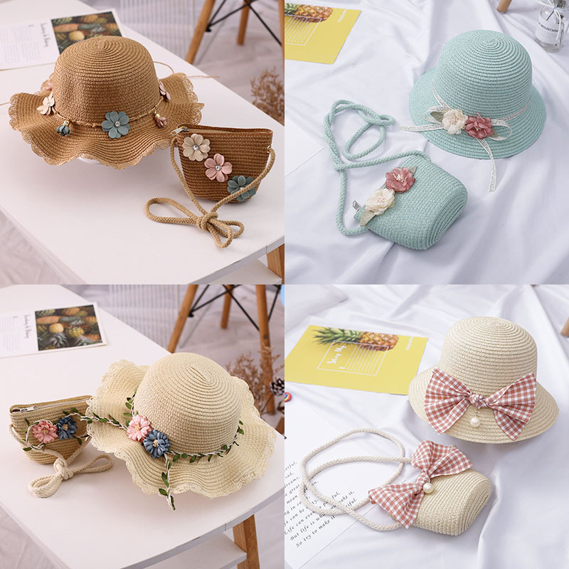 Children's fresh flower wavy straw hat gazebo Girl summer beach sunscreen sunshade sun hat bag set middle child