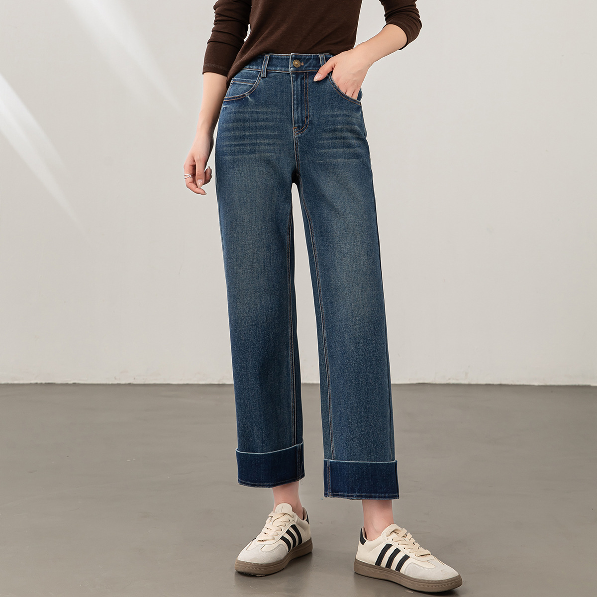 鑫阁复古九分牛仔裤女秋季四面弹百搭秋新款小个子宽松直筒阔腿裤