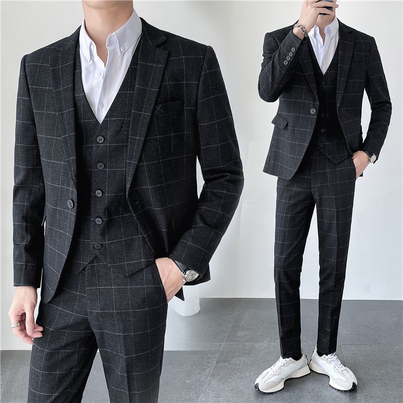 Autumn and winter ins light mature style Korean slim-fit casual plaid men's suit three-piece set Specification image