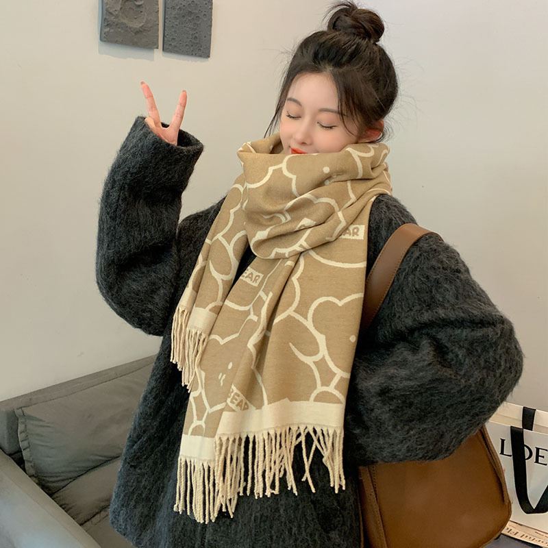 Cute Bear Cashmere Scarf Feel Tassel Shawl Soft Sister Winter Korean Student Scarf Warm Thick Neck Specification drawing
