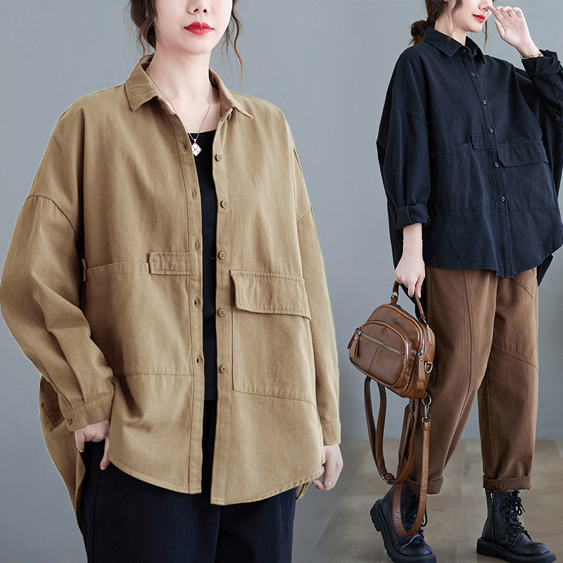 新款衬衫外套秋装新款2022休闲女士宽松中长款时尚棉女装上衣女