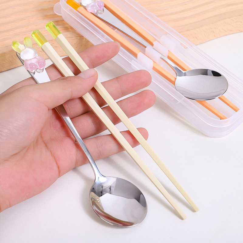 Crystal Rabbit Panda Tableware Set, 304 Stainless Steel Spoon and Alloy Chopsticks Set, Silent Portable Tableware Two-piece Set details Picture