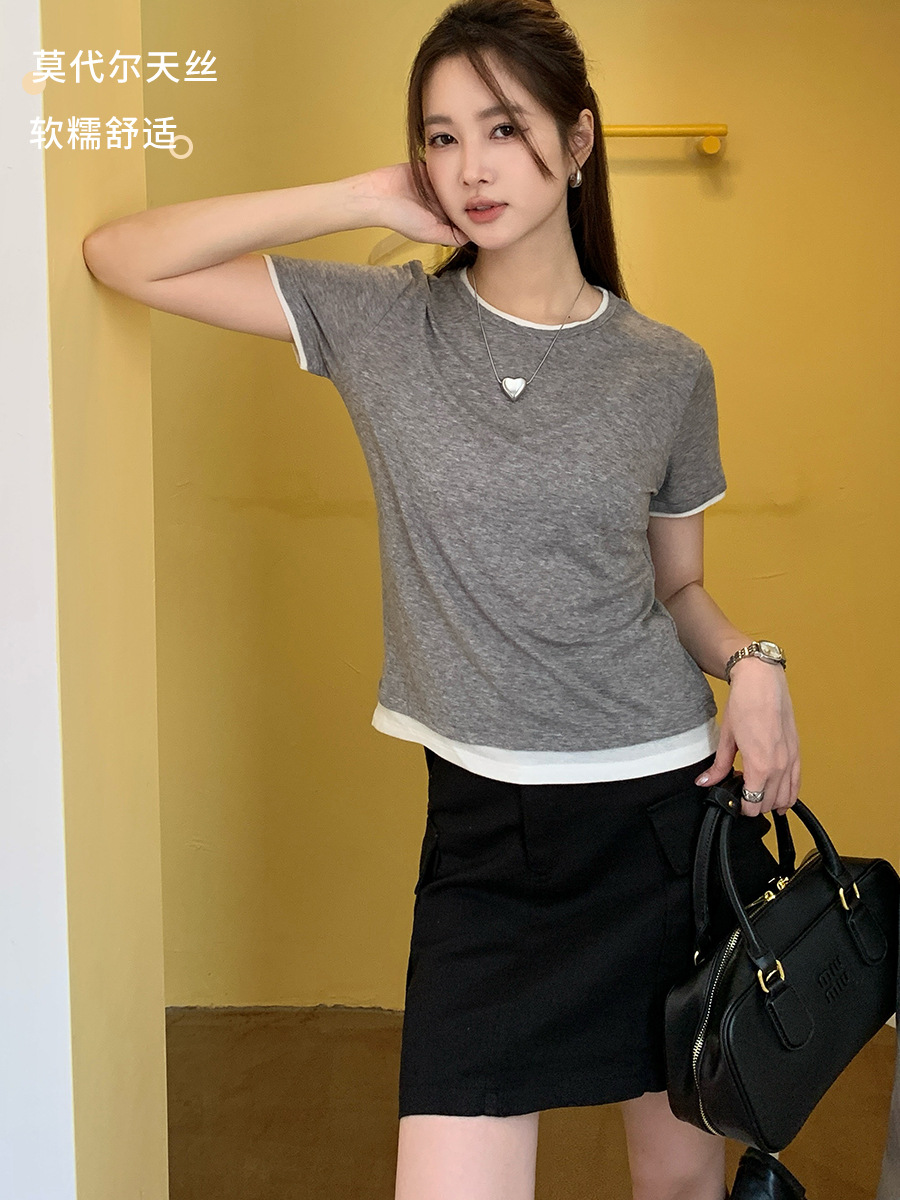 New Lanjing Tencel Base Shirt Women Fake Two Crew Neck Short-Sleeved Top Summer Slim-Fit All Match Slimming T-Shirt details Picture