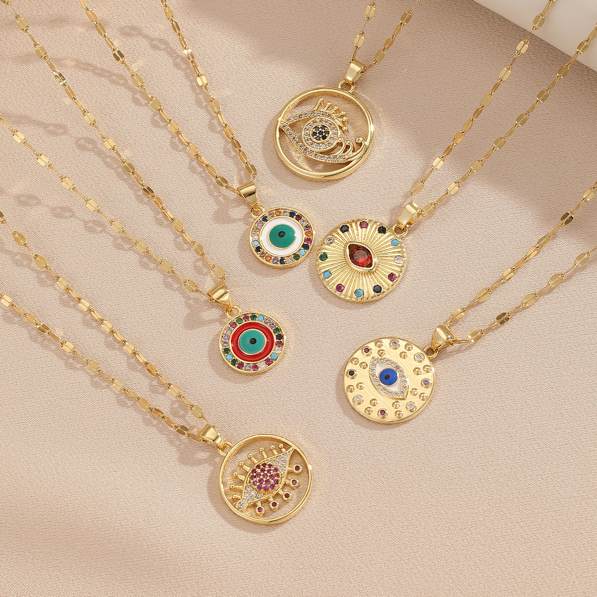 Cross-Border Europe And The United States Retro Copper Inlaid Color Zirconium Round Necklace Stainless Steel Chain All Women Accessories Devil's Eye Pendant