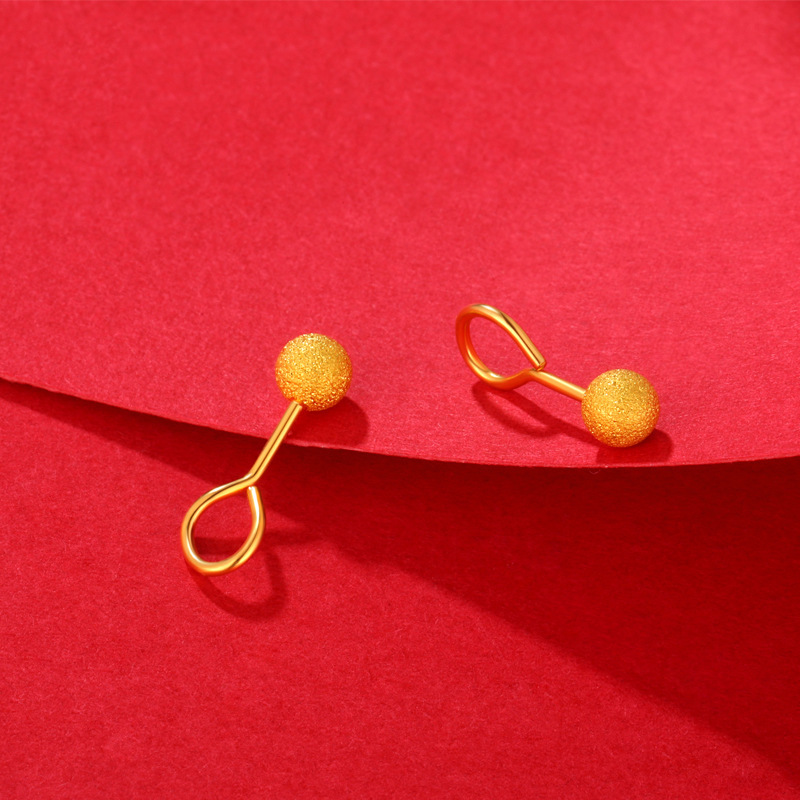 Vietnamese sand-gold frosted glitter hook stud earrings for women, simple and fashionable solid bean-shaped round beads and glossy beads straight stud earrings details Picture