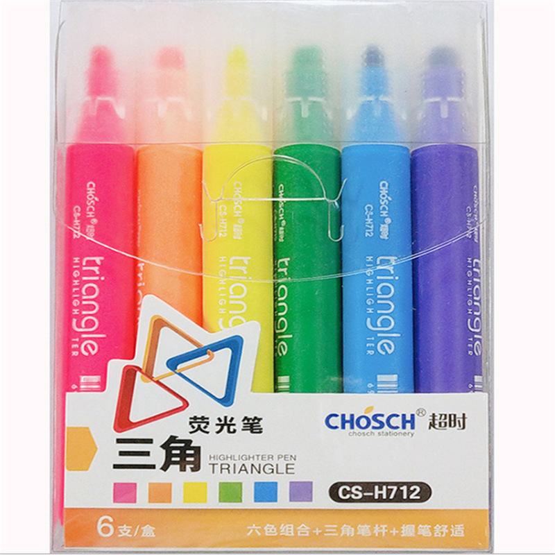 超时H712三角荧光笔6色粗杆糖果色学生重点标记笔划线手账笔
