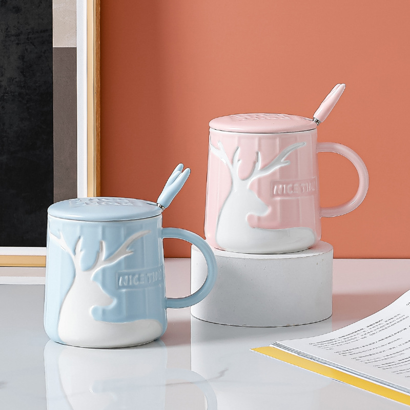 Home Ins High Temperature Resistance Light Luxury Simple High Appearance Level Mark Deer Water Cup With Lid Spoon Student Breakfast Milk Cup details Picture