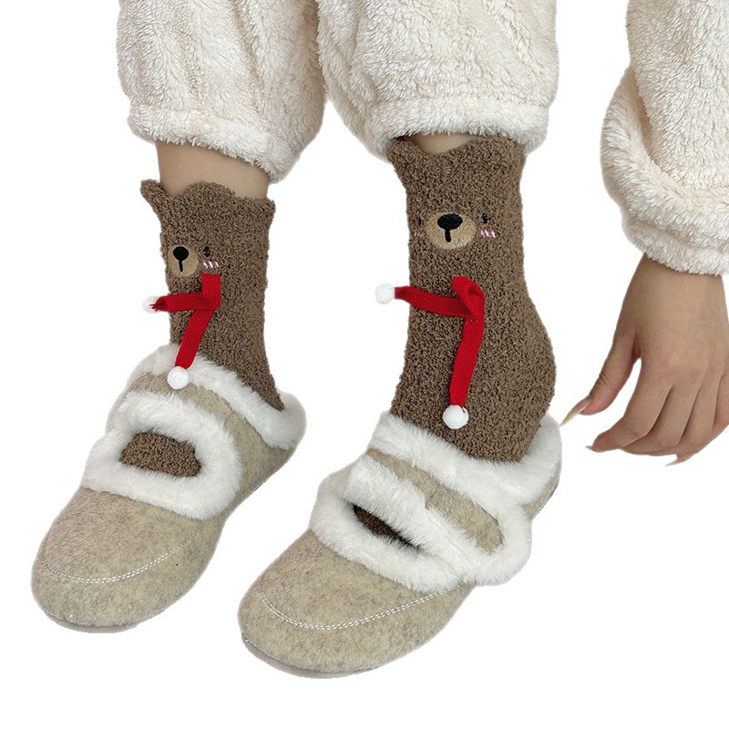 Sock stall, one-piece consignment, bear coral fleece socks, cute cartoon mid-calf socks for girls, winter warmth, thickened fleece socks, non-shedding sleep socks, one-piece consignment Item Picture