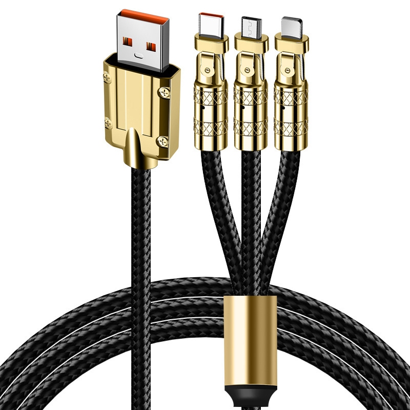 Factory wholesale black gold braided data cable, 180-degree rotating one drag three thickened elbow gold-plated super fast charging cable Item Picture