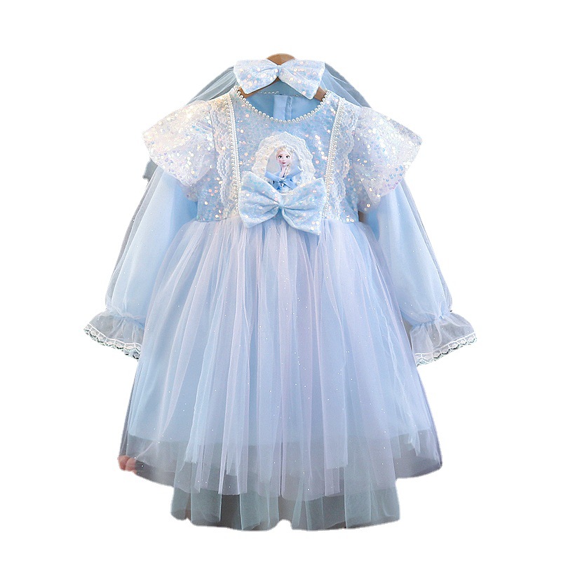 Wholesale of children's clothing for foreign trade, girls' Elsa princess dress, baby stylish dress, Korean-style children's dress with a veil included Item Picture