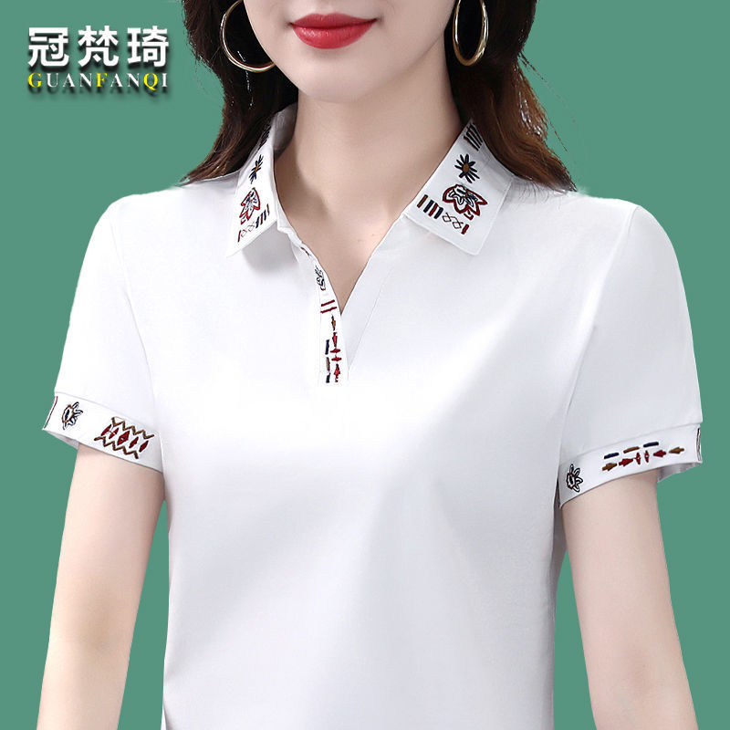 Short-sleeved summer T-shirt, cotton sweater for women, lapel polo shirt, half-sleeved slim and fashionable women's top for middle-aged mothers