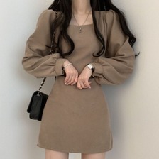 韩国chic法式小众春秋装复古方领收腰显瘦短款小个子高腰连衣裙潮