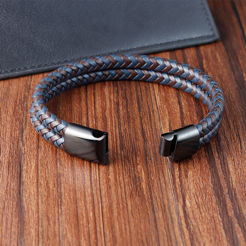Europe And The United States Explosive Stainless Steel Leather Bracelet Men's Black Magnet Buckle Microfiber Leather Braided Stainless Steel Bracelet Specification drawing