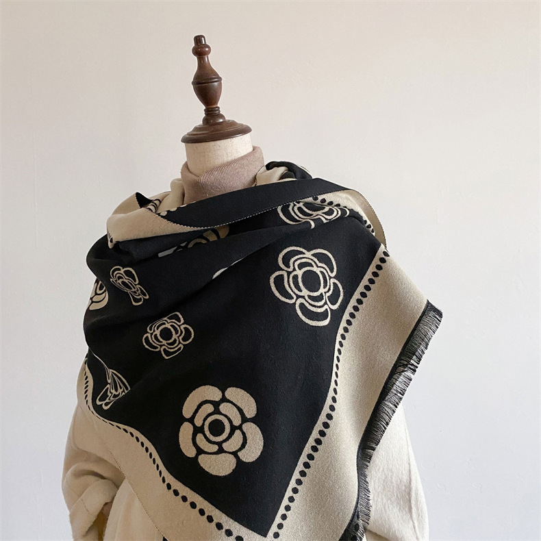 Classic Camellia Imitated Cashmere Scarf Autumn And Winter Everything With Thick Warm Neck With Shawl Small Fragrance details Picture