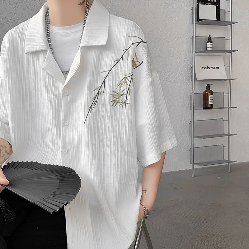 New Chinese-style ice silk short-sleeved shirt for men, summer plus-size Chinese-style bamboo embroidered shirt, Guba collar seven-quarter sleeve coat