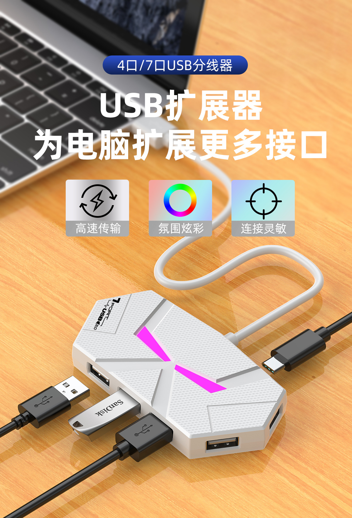 新品七彩氛围灯HUB4口7口3.02.0高速分线器扩展笔记本电脑详情1