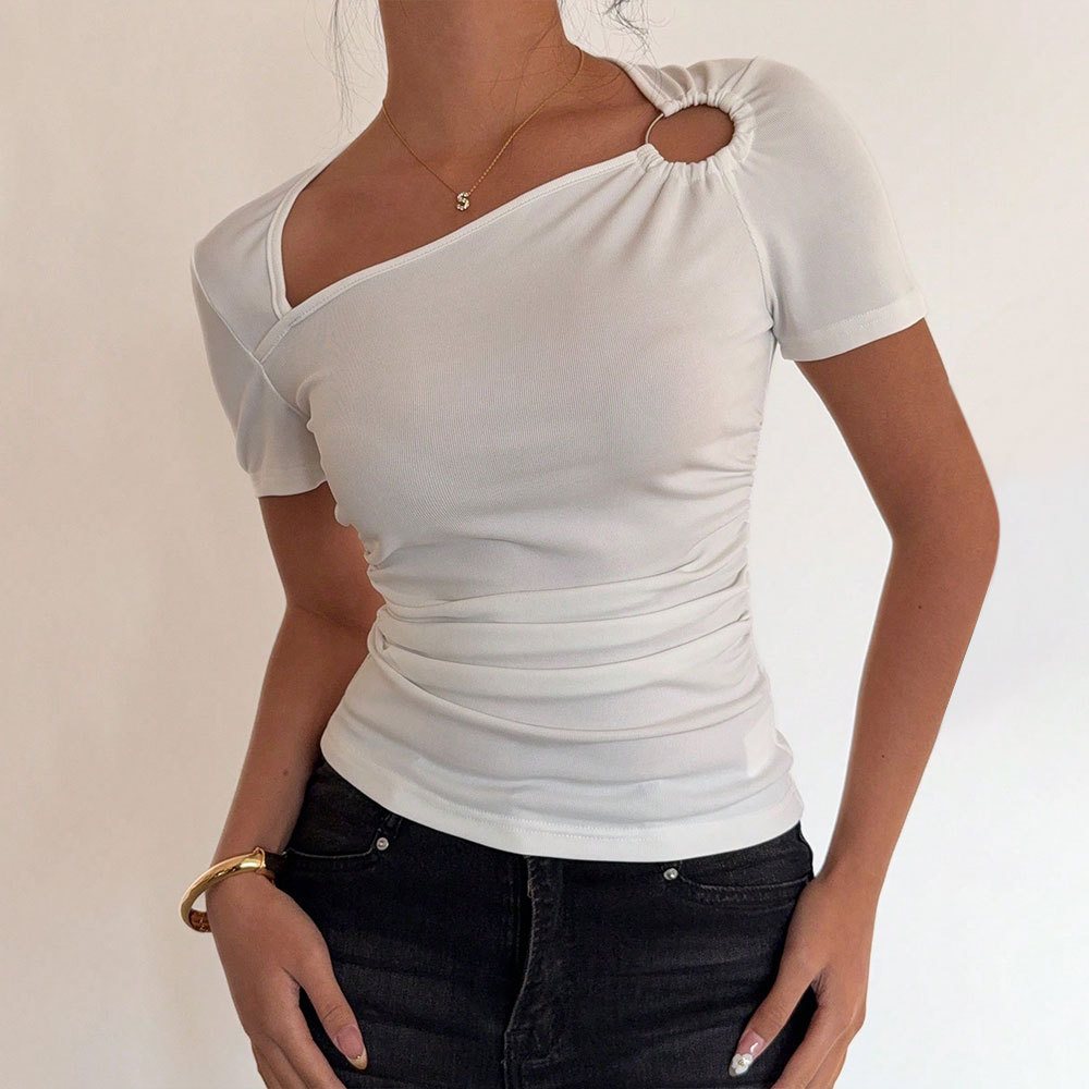 Cool and mature woman style T-shirt 2025 Summer TK Amazon Export women's clothing slimming and waist-cinching solid color short-sleeved top Specification image