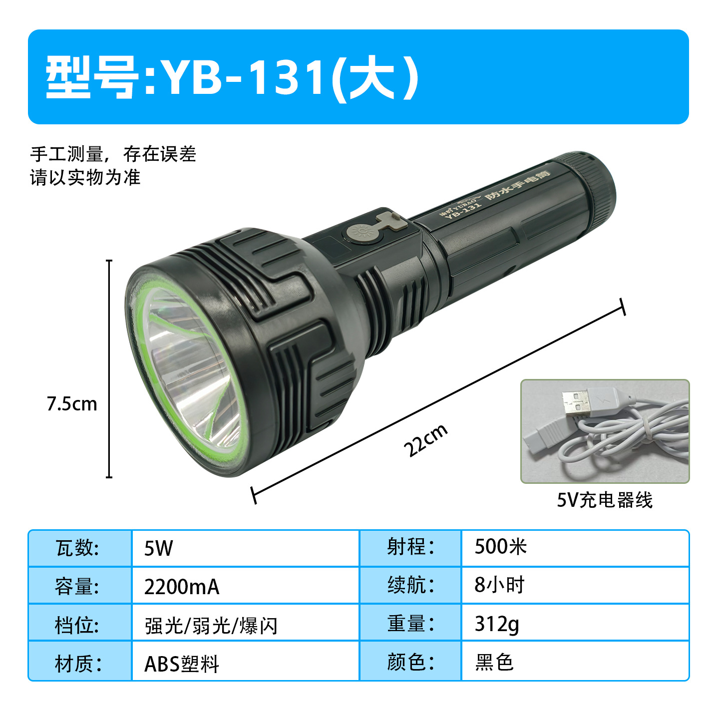 防水防爆手电筒强光爆亮长续航可充电超亮远射家用户外徒步巡逻用详情12