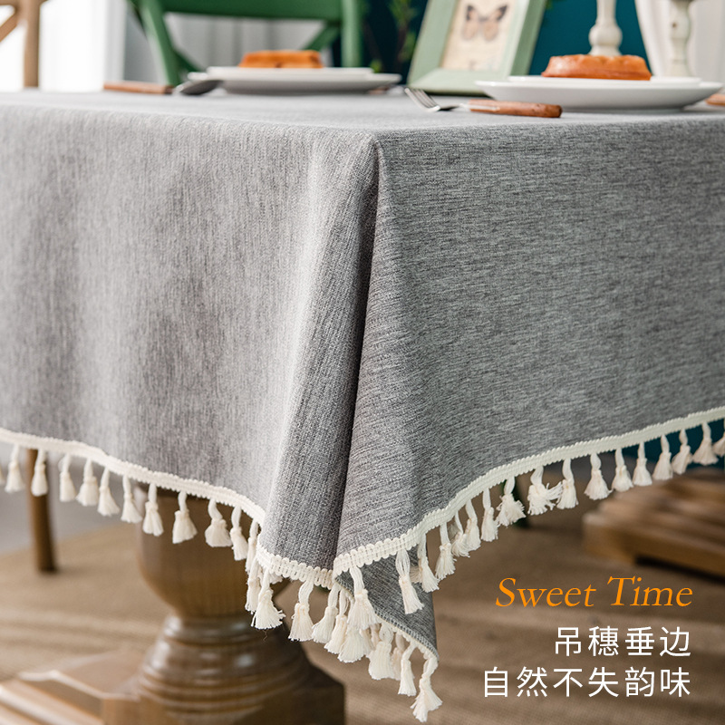 Amazon Cotton Linen Table Cloth Waterproof And Oil Free Wash Solid Color Table Cloth Restaurant Coffee Table Rectangular Tassel Tablecloth details Picture