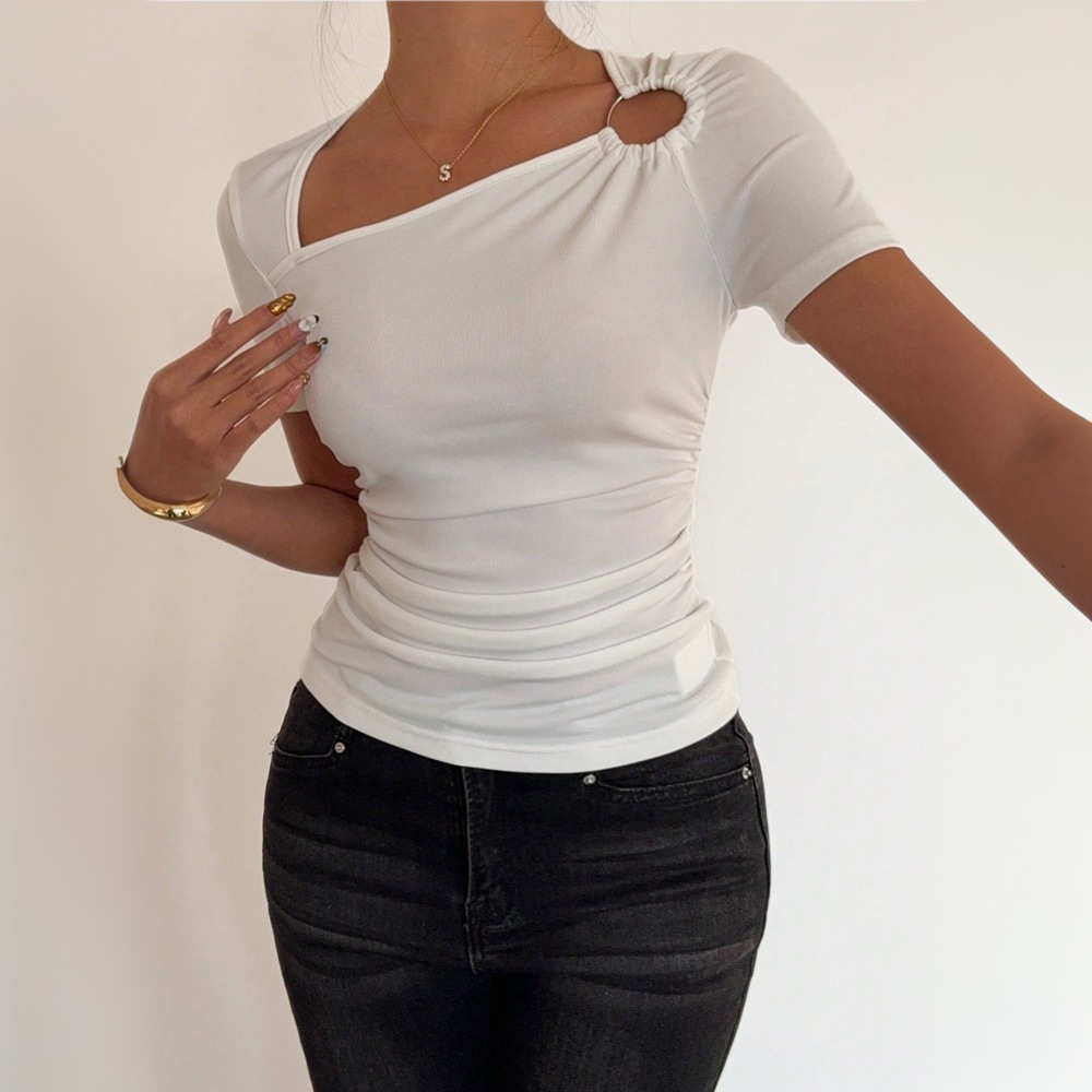 Cool and mature woman style T-shirt 2025 Summer TK Amazon Export women's clothing slimming and waist-cinching solid color short-sleeved top
