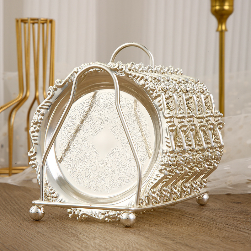 High-Grade Light Small Dish Set 6 Belt Rack European Iron Cake Fruit Tray Dry Fruit Snack Tray Pattern Coaster Specification drawing