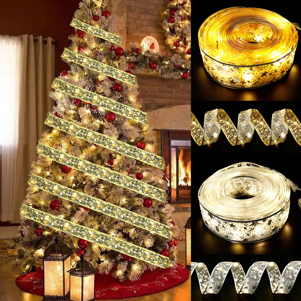 LED圣诞丝带灯圣诞树礼盒装饰绸缎彩灯双层烫金发光LED缎带铜丝灯