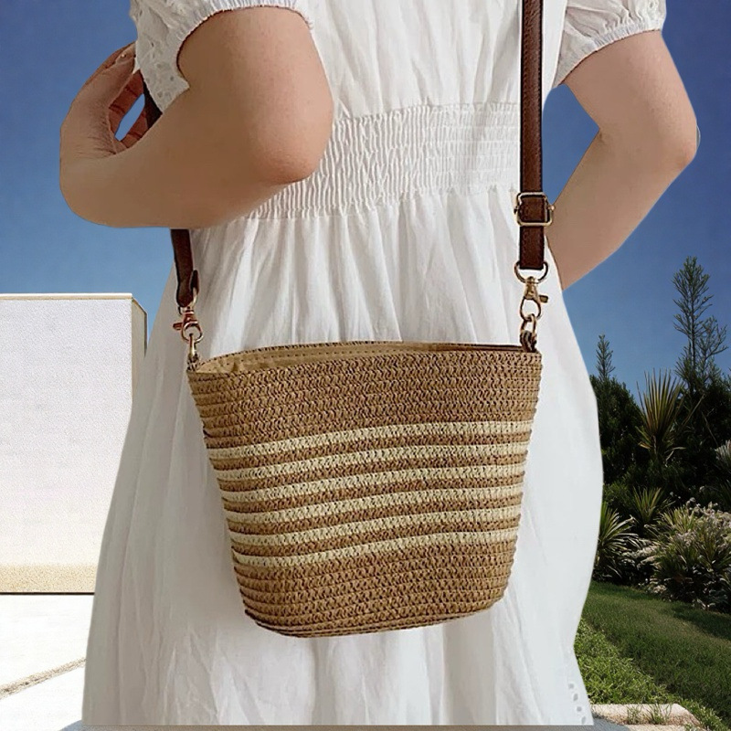New portable crossbody straw woven bags, small phone bags, hand-woven bags, striped beach bags, commuter tote women's bags details Picture