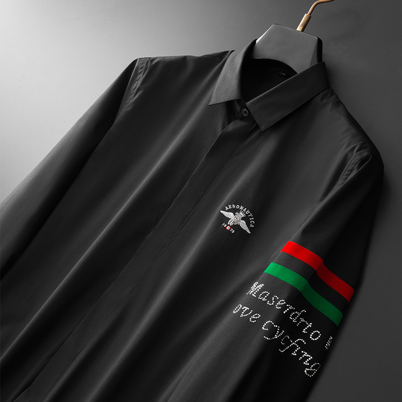 Light luxury and fashionable men's flocked red and green embossed diamond head shirt, high-end casual no-iron embroidered base long-sleeved shirt Specification image