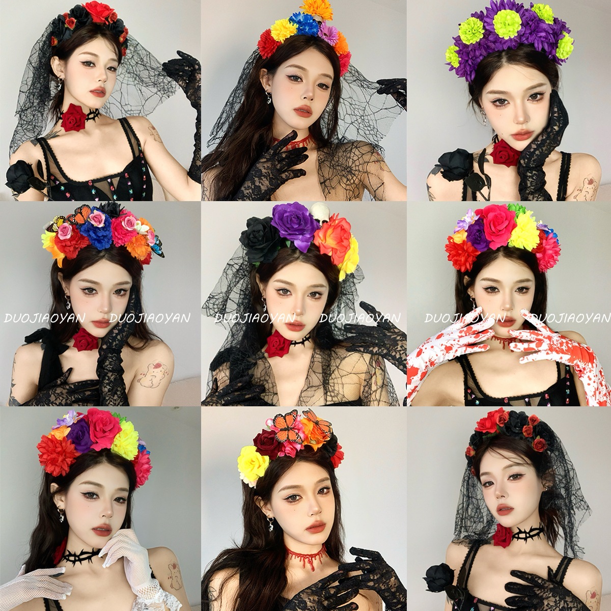Popular Halloween flower headband, dark lace set accessory, Day of the Dead cosplay prop hair accessory full figure