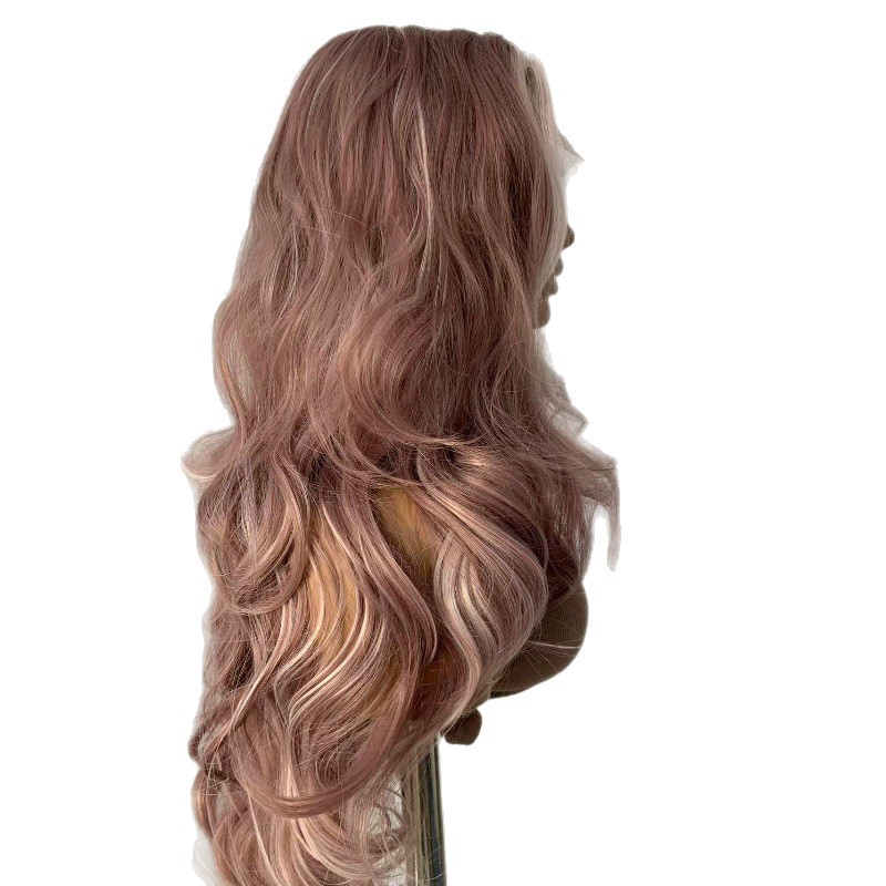 This is a popular full-length wig in Europe and America. It features a pink, fluffy, big wavy simulation, long curly hair, and is made of synthetic fiber, with a lace forehead and medium-length hair Item Picture