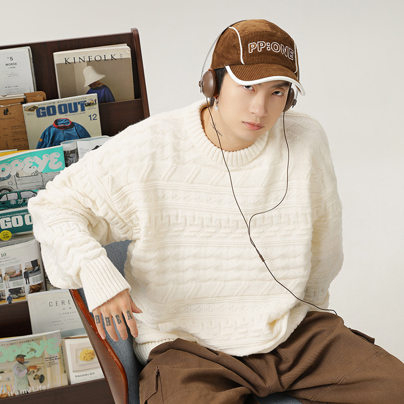 Japanese retro tweed texture round-neck sweater men's autumn and winter new solid color loose texture knitted sweater sweater coat