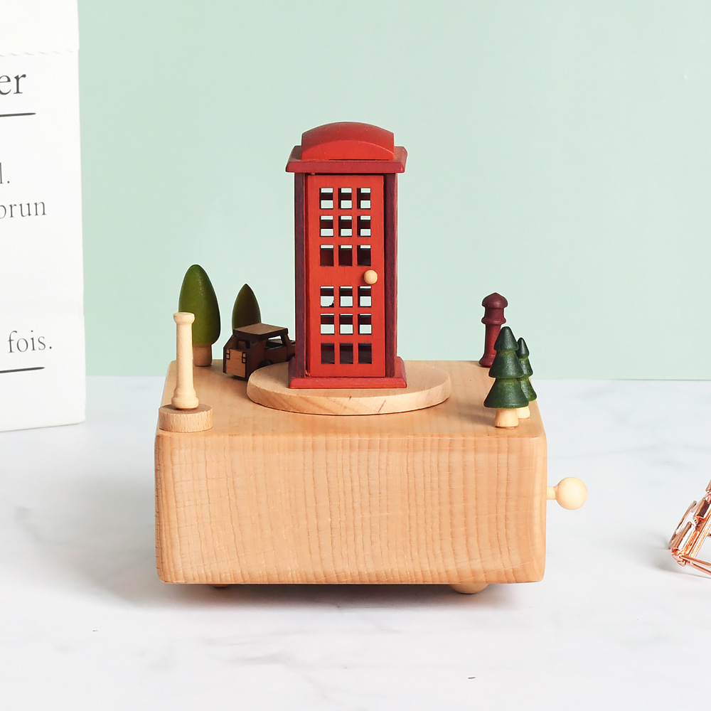 Cross-border engraved yunsheng music box, phone booth, red British-style music box, wooden handicrafts and ornaments details Picture