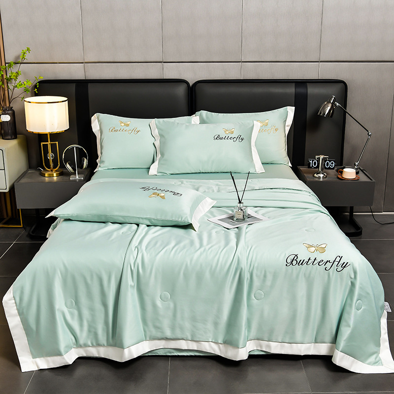 Silk Summer Cool By Four-Piece Embroidery Wash Tencel Embroidered Quilt Single Air-Conditioned Quilt Pillowcase Bed Sheet Set details Picture