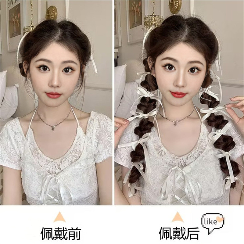 Wig, female ribbon braid, bubble braid, highlight dyed lantern braid, double ponytail, realistic hair strands Application Scenario