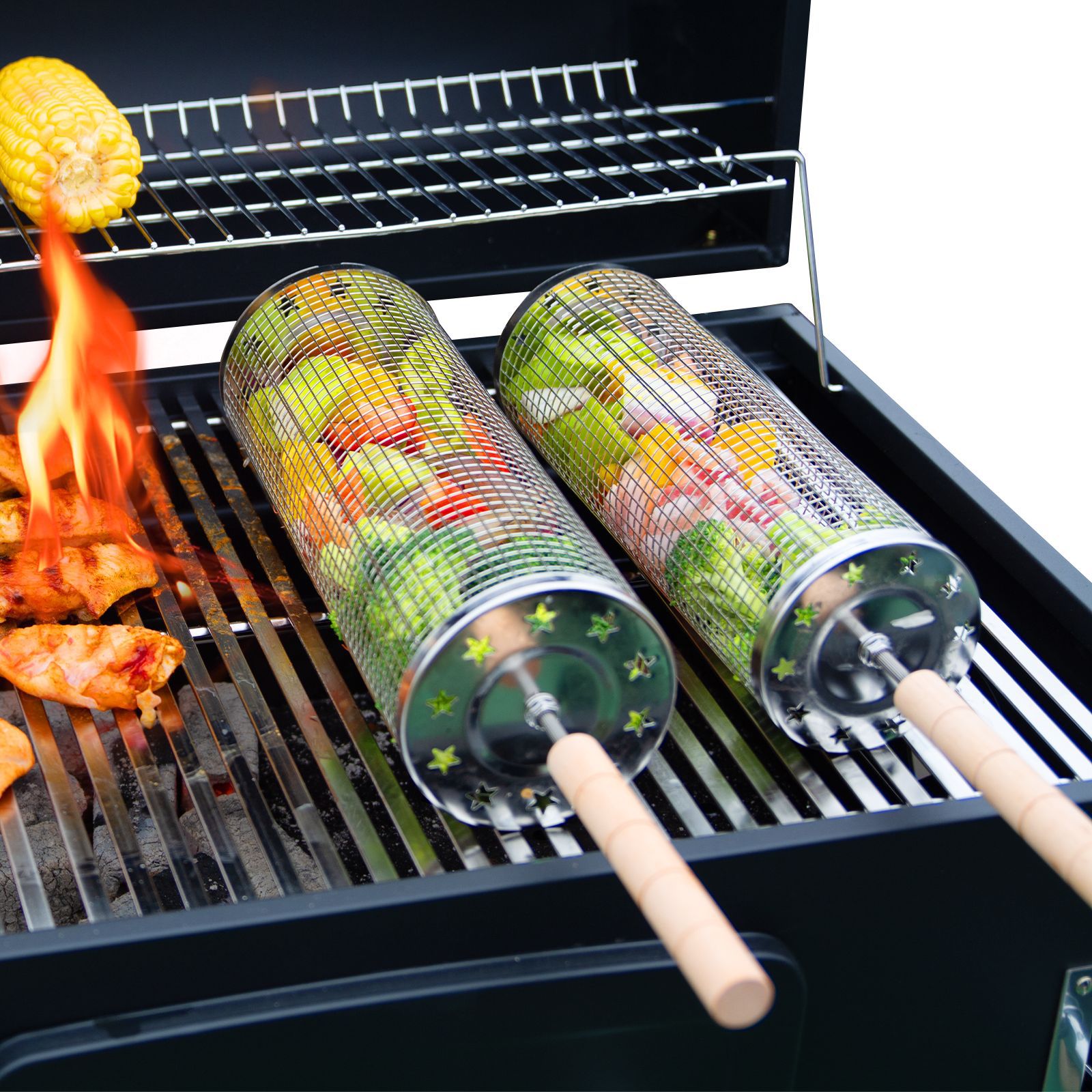 批发户外不锈钢烧烤网笼BBQ烧烤筒网筒烧烤多功能网圆筒烧烤用品