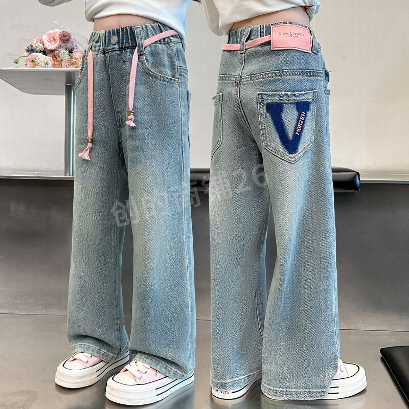 清仓女童牛仔裤2025春秋新款中大童直筒裤儿童韩版阔腿裤高腰设计