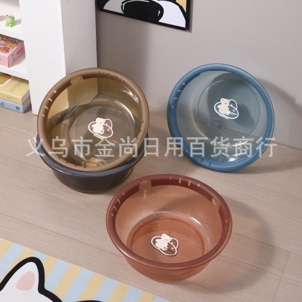 Leather-textured basin, transparent washbasin, large household plastic washbasin for washing faces and feet, student dormitory laundry basin, thickened cute bear basin details Picture