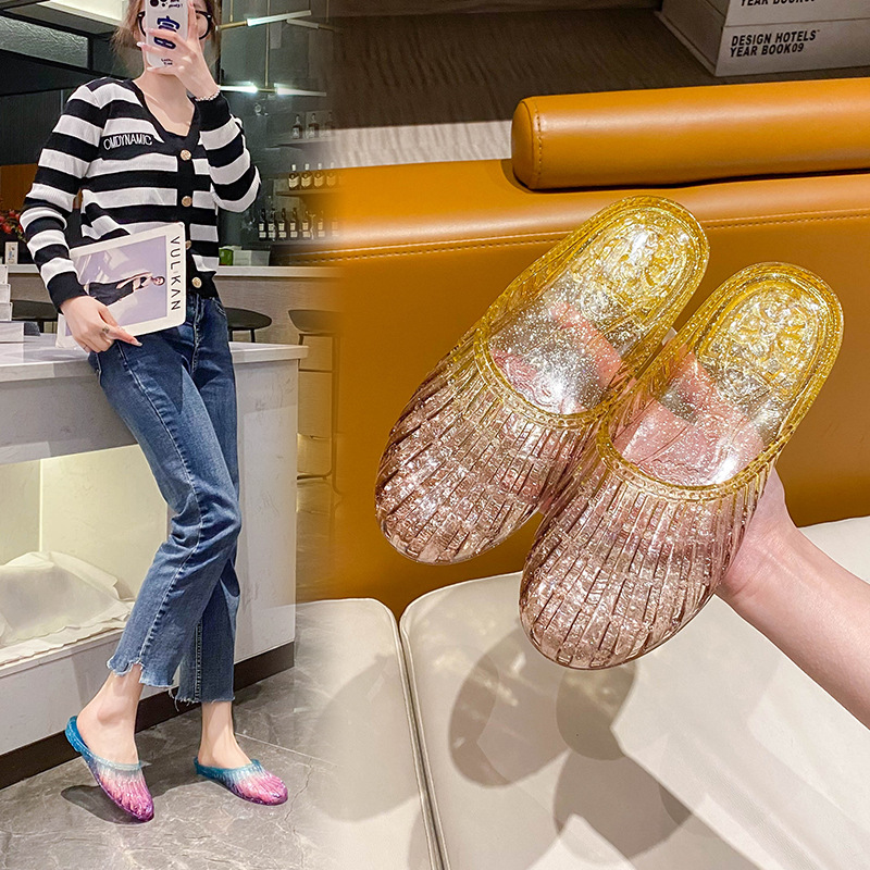 水晶拖鞋女透明洗澡防滑居家中老年妈妈凉拖鞋夏季外穿包头半拖鞋