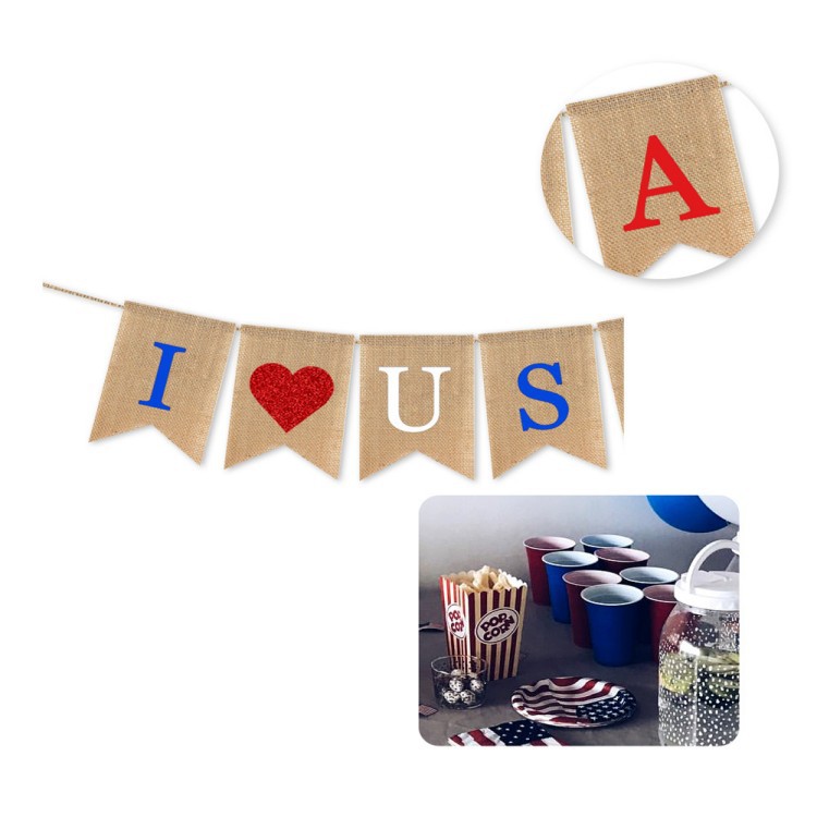 The USA Independence Day party was decorated with burlap flags. The American Day party banner was decorated with triangular flags Application Scenario