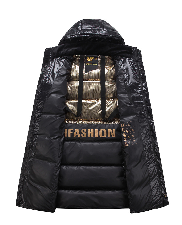 Black and gold goose down jackets for couples, long coats that reach the knees, thickened winter coats for extreme cold, off-season clearance pic 12