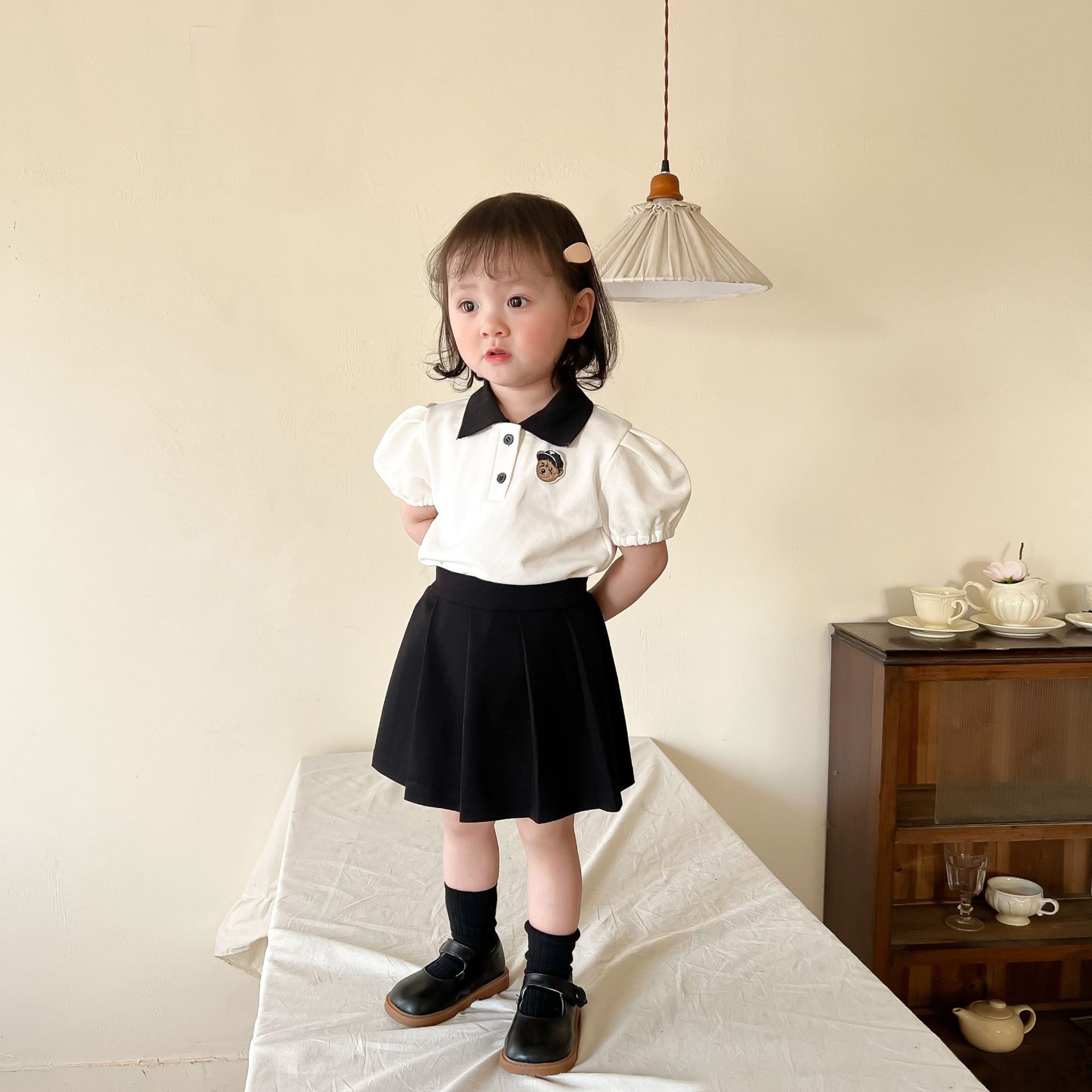 Girls' suits, Summer school style two-piece set, short-sleeved skirt, baby clothes, children's Korean children's clothing wholesale
