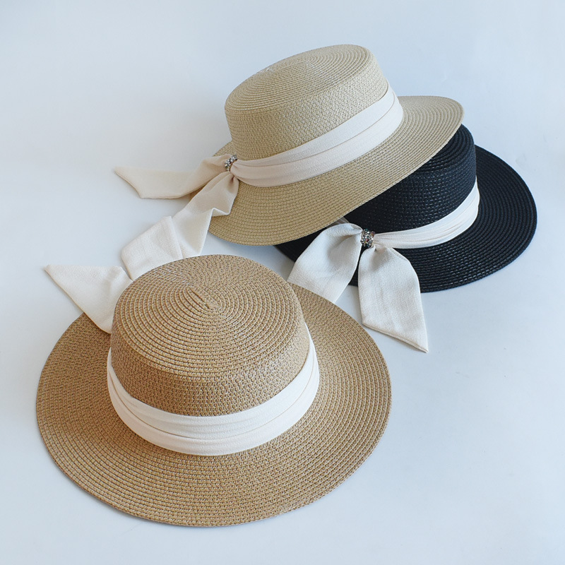 Vintage French Hepburn Black Net Red Straw Hat Sun Hat Sun Block Beach Hat Female Summer Big Rim Sun Hat
