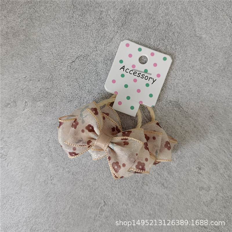 Baby girl's hair tie, sweet light khaki silk gauze floral mini bow hair tie, leather band hair band headwear Specification image