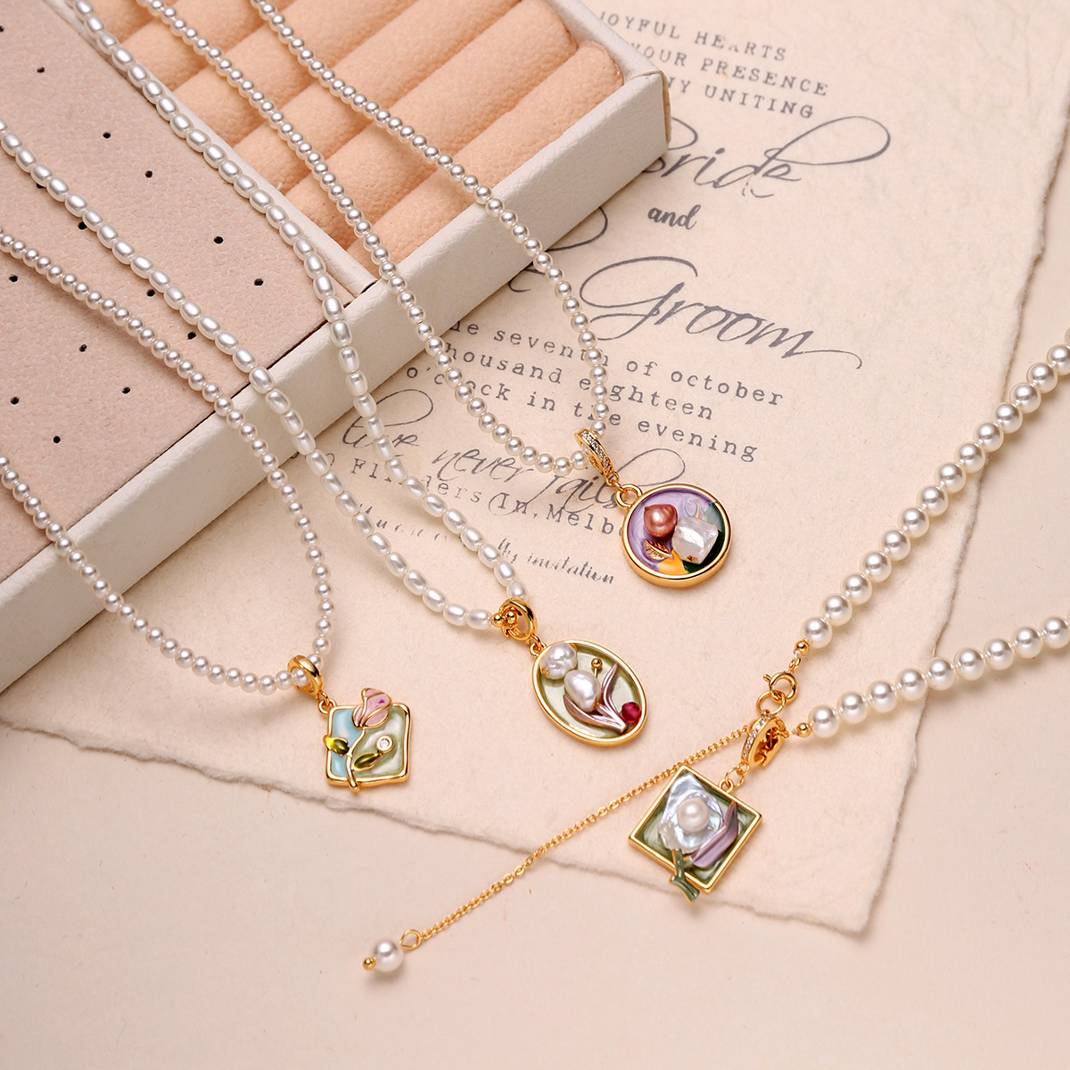 中古油画风珍珠项链轻奢高级感不掉色百搭毛衣链莫奈花园吊坠项链