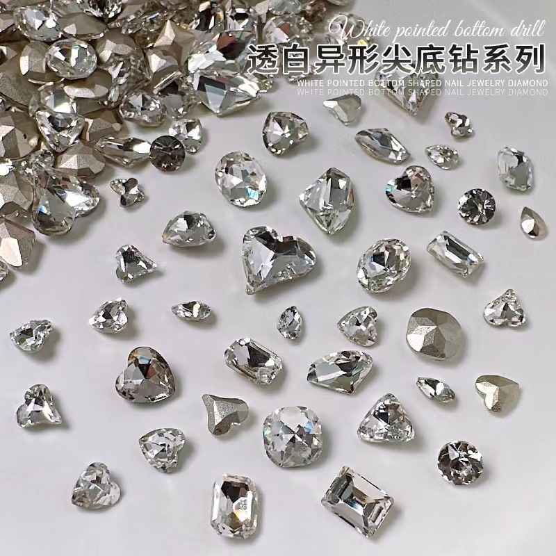 Wholesale nail accessories: transparent pointed bottom diamond, super shiny, large crooked heart, axe, water drop, fat square butterfly, white diamond nail accessories