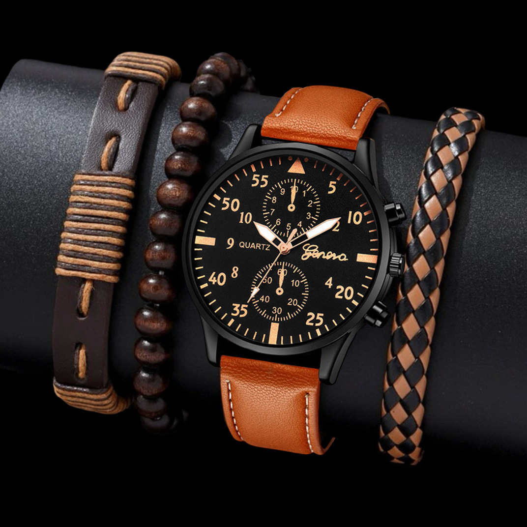Cross-border men's casual fashion, foreign trade trend sports belt wristwatch + 3-piece bracelet business quartz watch set full figure